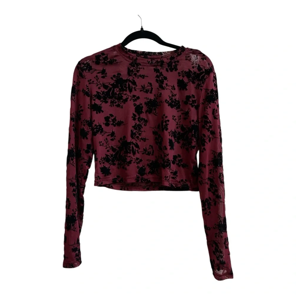Deep Burgundy Crop Top with Black Floral Burnout Pattern